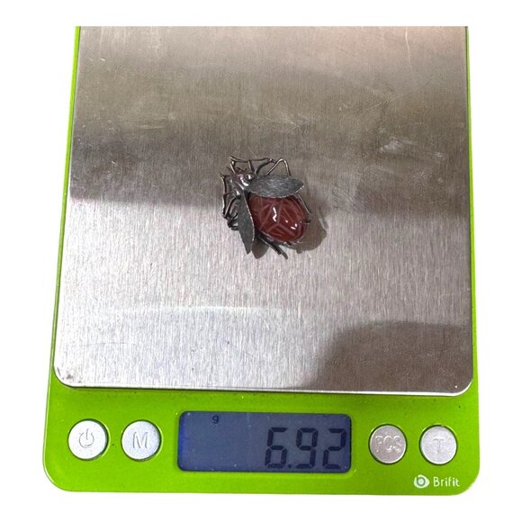 Vtg IPS Scarab Beetle Sterling Silver Carnelian Insect Brooch Signed Statement - Picture 6 of 8